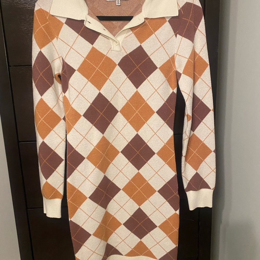 Argyle Knit Sweater Dress in Orange and Cream